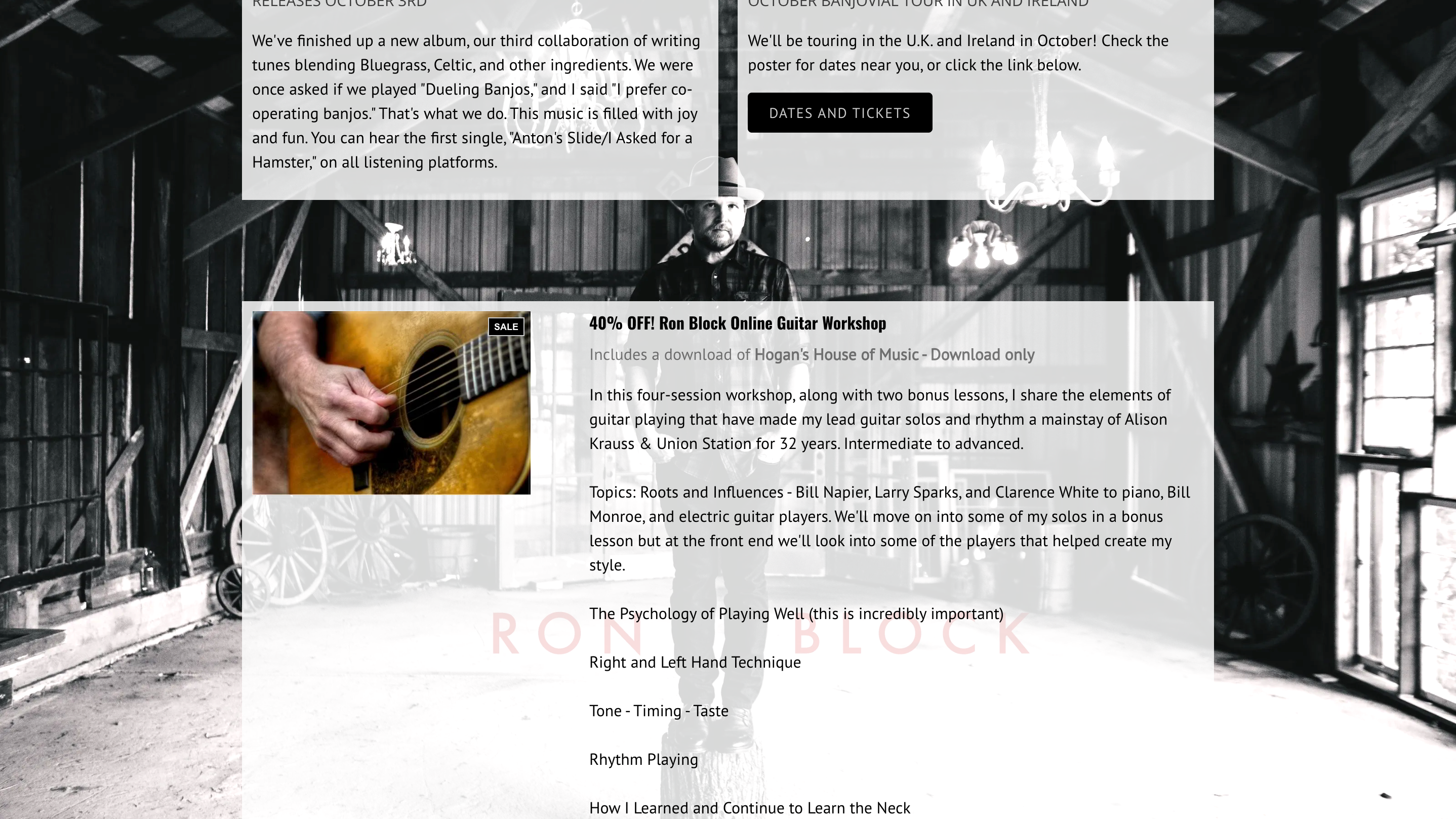 Bandzoogle blog: 5 direct-to-fan tools to build your fanbase online. Screenshot of Bandzoogle member Ron Block’s music website.