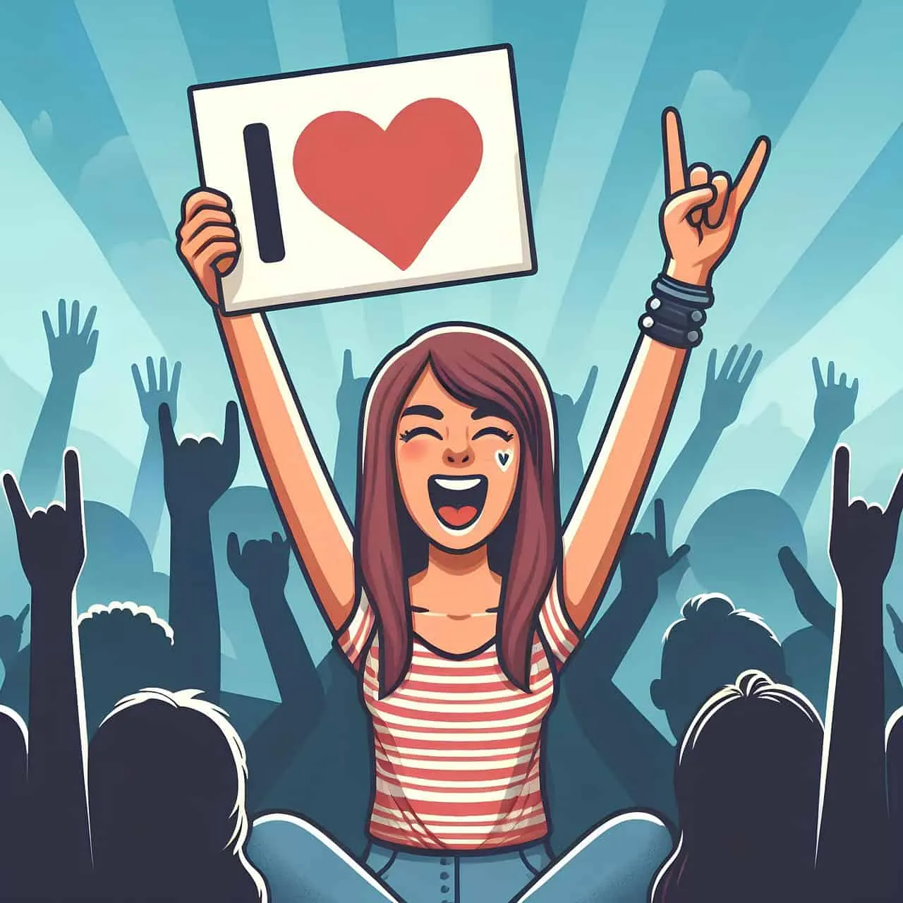 I love music fan holding a sign with "I ♥" at a concert or music event, vibrant cartoon illustration, entertainment, live sho