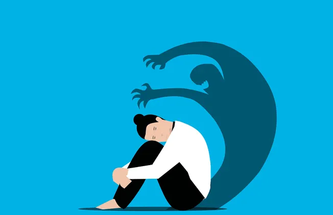 Girl feeling anxious with ominous shadow monster behind her, representing stress or anxiety, depression.