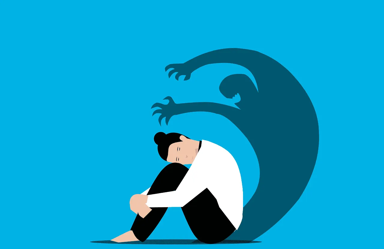 Girl feeling anxious with ominous shadow monster behind her, representing stress or anxiety, depression.