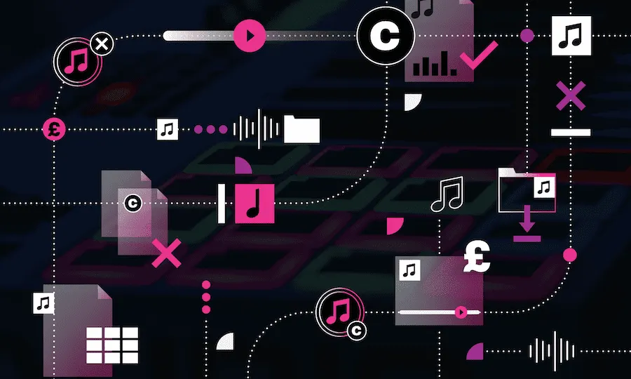 Streaming music marketing digital icons, musical notes, and analytics charts representing digital music industry insights and